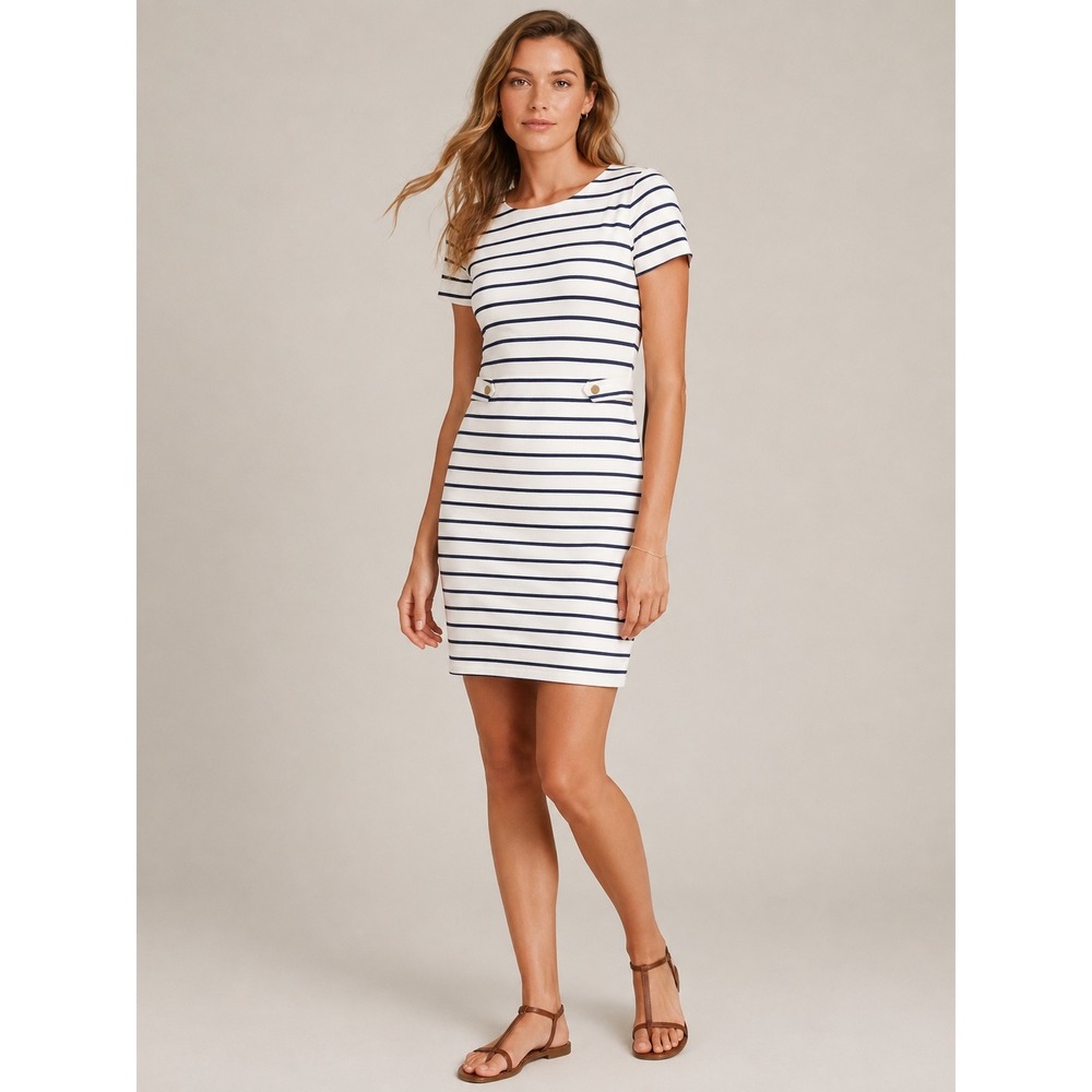 Banana Republic Women Stripe Ponte Sheath Dress 0 White Navy Nautical Career